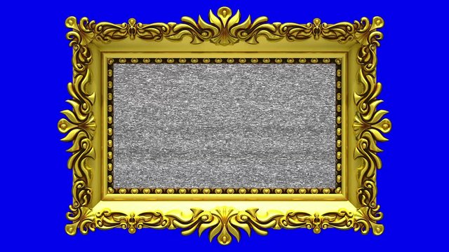 Camera zoom into the gold picture frame on blue background. Tv noise and green chroma key plays on the screen. 3D animation.