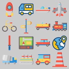 Fototapeta na wymiar Icon set about Transportation with keywords plane, stick, locomotive, cone, rocket and boat