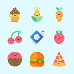 Icons about Food with cherry, strawberry, ice cream, soda, hamburger and pizza