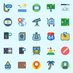 Icons set about Travel with telescope, suit case, tree, thermometer, money and location