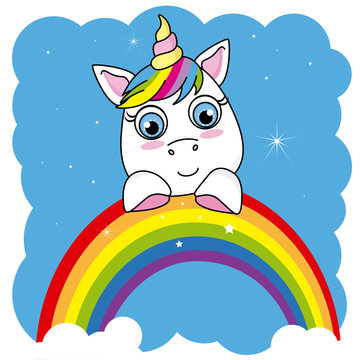 Cute cartoon unicorn on a rainbow