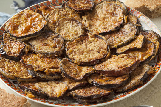 Colorful dish with baked eggplant