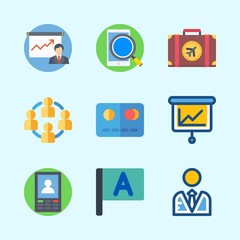 Icons about Business with smartphone, teamwork, presentation, suitcase, user and flag