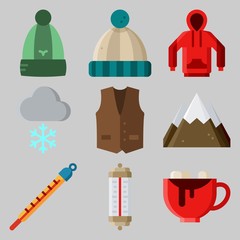 Icons set about Winter with thermometer, snowing, vest, winter hat, mountain and hoodie