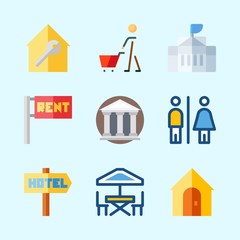 Icons about Construction with toilet, shopping, for rent, real estate, hotel and white house