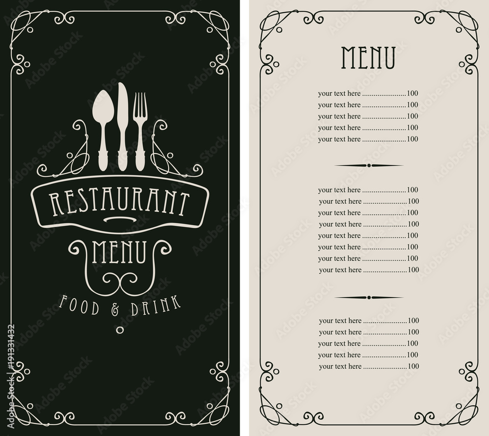 Poster template vector menu for restaurant with price list, flatware in frame with curls in baroque style