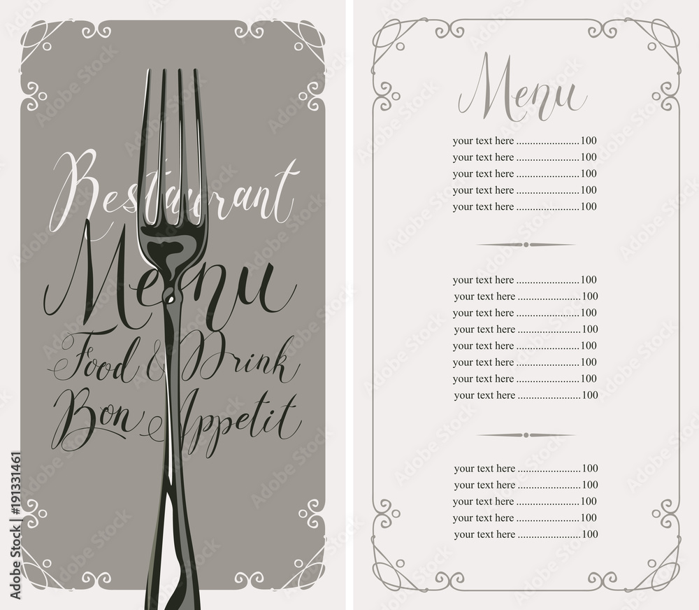 Poster vector template restaurant menu with price list, realistic fork and handwritten inscriptions in fram