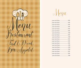 Vector template restaurant menu with price list, chef hat, cutlery and handwritten inscriptions on a background of checkered tablecloth in retro style