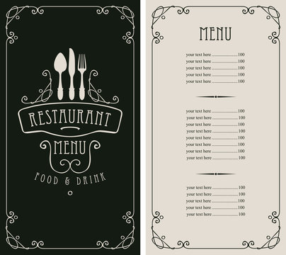 Template vector menu for restaurant with price list, flatware in frame with curls in baroque style