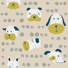 Seamless vector childish pattern with dog animal faces as backround or texture