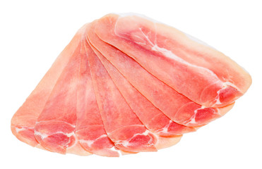 Italian prosciutto crudo or spanish jamon. Raw ham on white background.