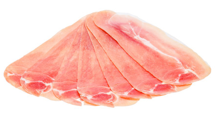 Italian prosciutto crudo or spanish jamon. Raw ham on white background.