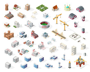 Collection of Realistic Isometric High Quality City Element for Map on Transparent Background . Buildings
