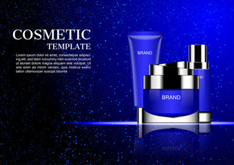 Cosmetic cream with falling blue dust on dark background