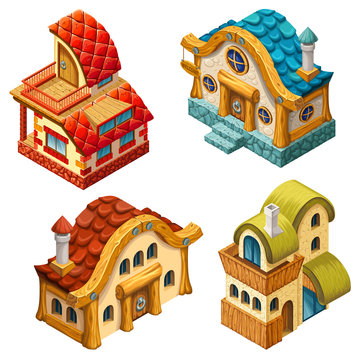 4 types of 3d isometric cottages for computer games. Vector cartoon illustration.