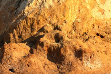 Close-up of a loamy ravine wall as an environmental texture background. Seaside coastal erosion with clay soil