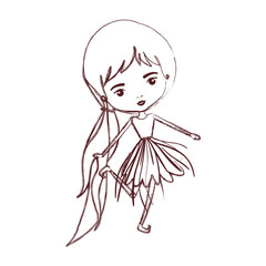 Fototapeta premium girly fairy without wings and long hair with pigtail and dress in brown blurred silhouette vector illustration