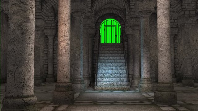 Su per le scale di un antico tempio su sfondo chroma key