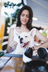 Beautiful young woman sitting in cafe with her adorable French bulldog puppy. People with dogs theme.