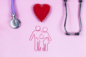 Paper silhouette of family,Health insurance concept?A family illustrator with a stethoscope and a pink background