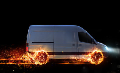 Super fast delivery of package service with van with wheels on fire