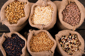 Various grains and rice in sack