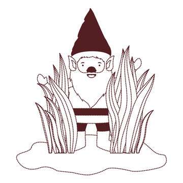 gnome coming out of the bushes in brown dotted silhouette vector illustration