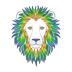 Isolated black outline head of lion with iridescent mane on white background. Rainbow line cartoon king of animals portrait. Curve lines. © olkita