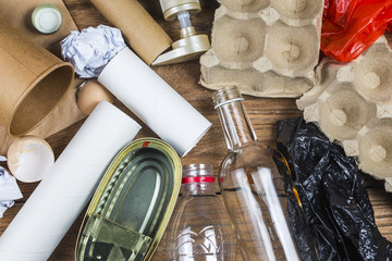 Eco concept with recycling symbol on table background top view? Environmental protection plan