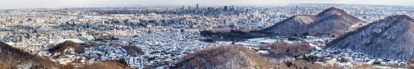 Naklejka premium Panorama aerial view of Sapporo city during winter with snow