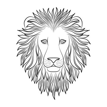 Isolated black outline head of lion on white background. Line cartoon king of animals portrait. Curve lines. Page of coloring book.