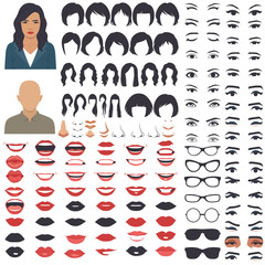  
vector illustration of woman face parts, character head, eyes, mouth, lips, hair and eyebrow icon set