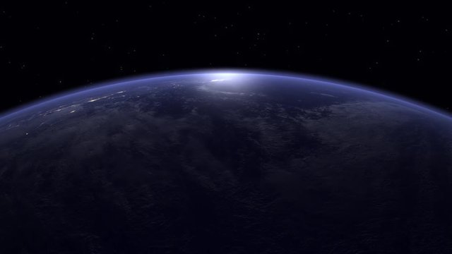 Earth framed in orbit with reflection of the sun and shining stars, 3D Rendering.