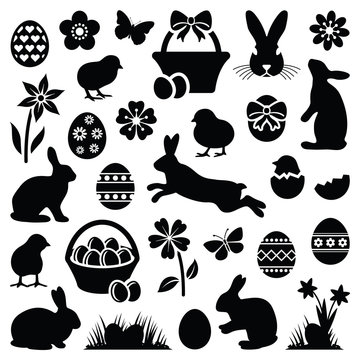 Easter eggs - hares - chicks and flowers collection - vector silhouette