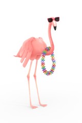 pink flamingo with sunglasses and hawaiian flower garland on white background © ullrich