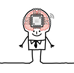 Cartoon Man with big Brain and Microchip