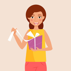 Woman opens gift. Vector.