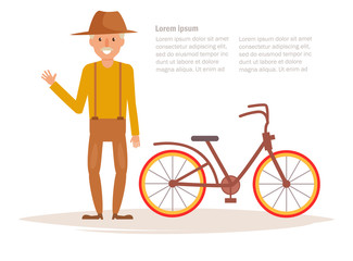 Man near bicycle. Vector.