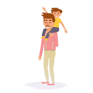 Boy sitting on father's shoulders. Vector.