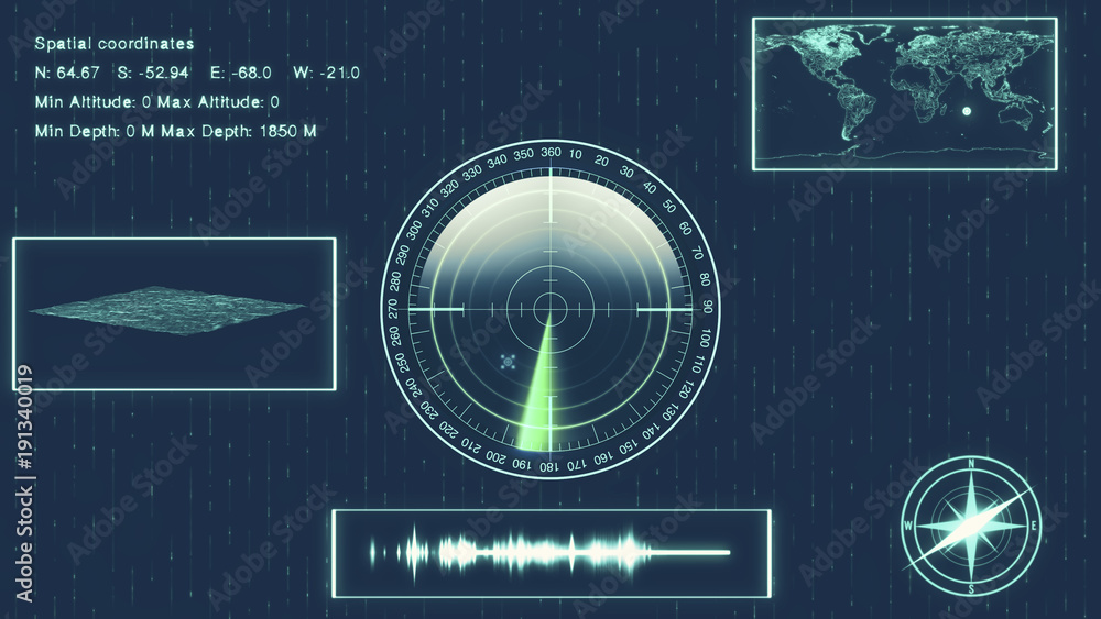 Aufkleber submarine sonar with target on map. hud showing location, landscape surface and coordinates of targe