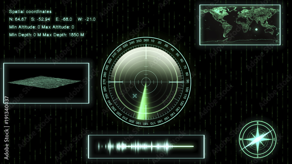 Poster submarine sonar with target on map. hud showing location, landscape surface and coordinates of targe