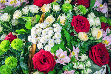 Bouquet of roses, lilies, chrysanthemums