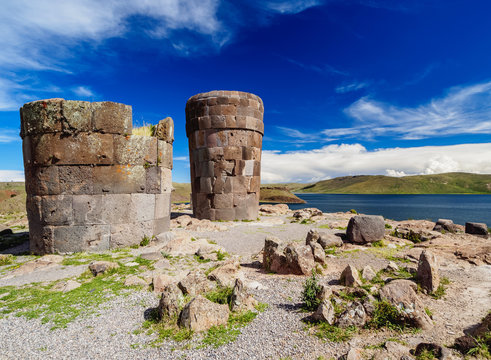 Chullpas by the Lake Umayo in Sillustani, Puno Region, Peru