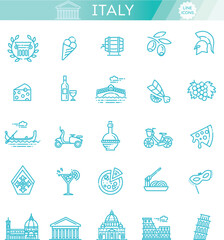 Naklejka premium Italy icons set. Tourism and attractions, thin line design.