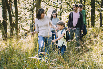 Family Hiking Together Through Woodlands