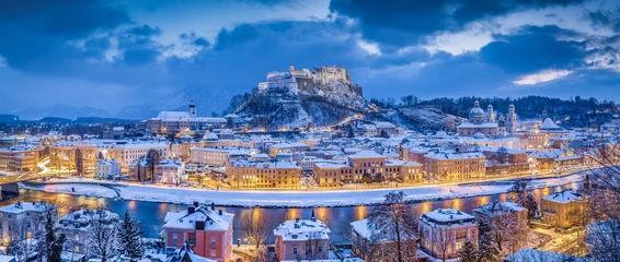 Poster Twilight panorama view of Salzburg in winter, Salzburger Land, Austria © JFL Photography