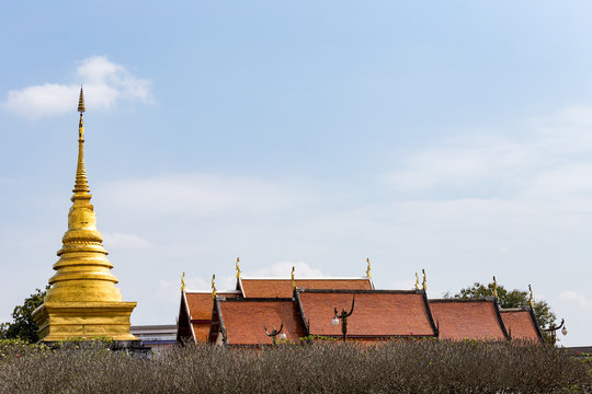 Wat Phra That Chang Kham Worawihan with frangipani (plumeria) branches network foreground, located in Mueang Nan District, Nan, Thailand
