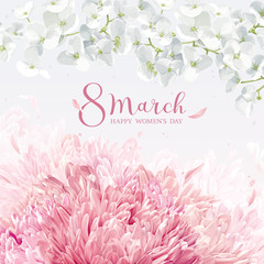 Chrysanthemums and Apple blossom for 8 March vector greeting card