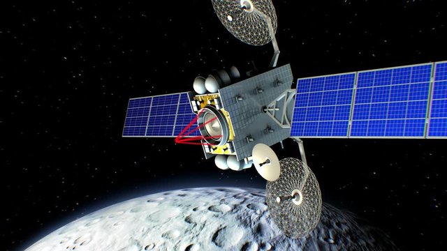 Space laser weapon. Moon on background, fictional military satellite on orbit shoots from a sci-fi gun, 3d animation. Texture of the Moon was created in the graphic editor.