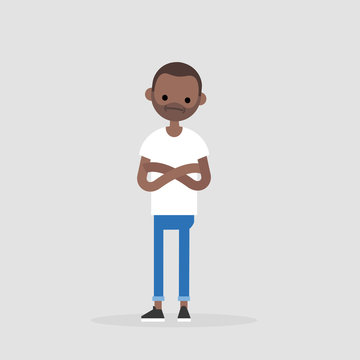 Young black doubting character standing with crossed arms and tilting head. Negative emotions. Concern. / flat editable vector illustration